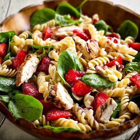 A bowl of pasta with chicken and strawberries.